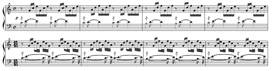 Partition pour piano, Bach en haut à 4 temps, version à 15 temps par Alexandre Astier en bas