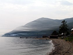 The lake in the summer, as seen from Bolshoi Koty on the southwest shore