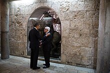 Obama, and Abbas in the West Bank in 2013 Barack Obama and President Mahmoud Abbas (8637755917).jpg