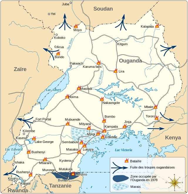 Carte de l'Ouganda montrant les différents lieux des batailles de la guerre ougando-tanzanienne.
