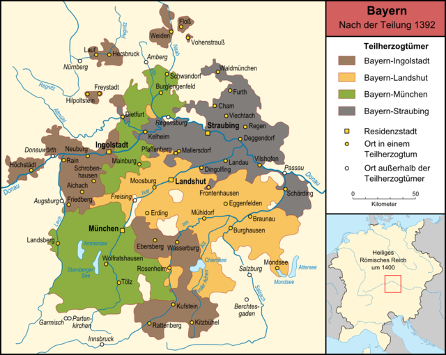 Beieren na de deling van 1392; Beiern-Landshut in het geel