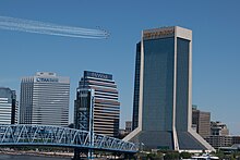 The Blue Angels Flying over the Jacksonville Florida City Center on May 8th, 2020 as a tribute flight to frontline healthcare workers. Blue Angels over Jacksonville 8 5 2020.jpg