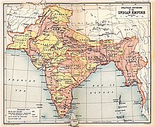 Map of British-ruled India with the princely states coloured in yellow British Indian Empire 1909 Imperial Gazetteer of India.jpg