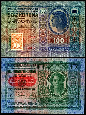 Kolkovaná prozatimní státovka hodnoty 100 Kč, platná v roce 1919 po vzniku první československé republiky, a vydaná roku 1912 v rámci rakousko-uherské korunové měny