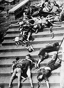 Casualties of a mass panic during a June 1941 Japanese bombing of Chongqing. More than 5,000 civilians died during the first two days of air raids in 1939. Casualties of a mass panic - Chungking, China.jpg