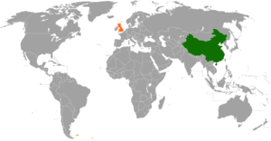 Mapa indicando localização da China e do Reino Unido.