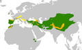 Spriadkoord güül: P. graculus green:P. Pyrrhocorax orangj: biasen