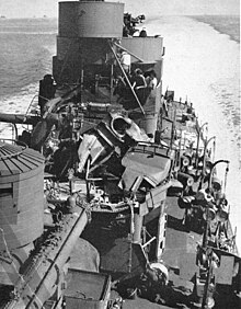 USS Nicholas (DD-449) suffered a hang-fire 127 mm (5 inch/ 38 caliber) gun mount on 13 May 1943, resulting in the gun exploding with no casualties Damaged gun turret aboard USS Nicholas (DD-449), in May 1943.jpg