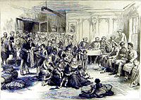 War distribution of clothing to Bulgarian Muslim refugees in Shumla from The Illustrated London News, 17 November 1877 Distribution Clothing Turkish Refugees 1877.jpg