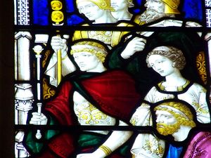 English: Detail of a stained glass window in S...