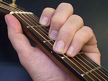 A player performing a chord (combination of many different notes) on a guitar Frets, guitar neck, C-major chord.jpg