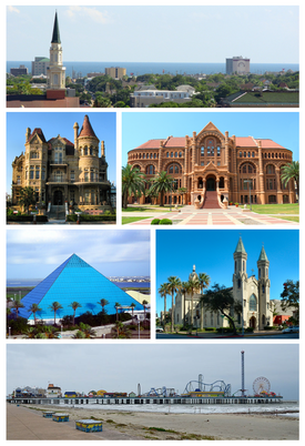 From upper left: Galveston downtown skyline, Bishop's Palace, Ashbel Smith Building, Moody Gardens Aquarium, St. Mary Cathedral Basilica and Galveston Island Historic Pleasure Pier