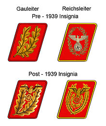 The rank insignia for Gauleiter and Reichsleiter, before and after the 1939 insignia change GauReichNARA.jpg
