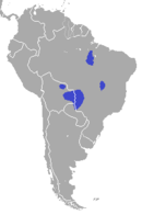 Central South America around the Bolivia/Brazil/Paraguay border with scattered populations in eastern Brazil