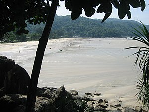 Maximum recession of tsunami waters at Kata Noi Beach, Thailand, before the 3rd, and strongest, tsunami wave (sea visible in the right corner), 10:25 AM local time.