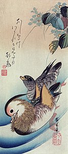 Oshidori, haiku: Oshidori no Wakaremo mitari Asaarashi (anlam: Mandarin ördeğinin, ayrılışı göründü, sabahın şiddetli rüzgârı, tahta baskısı. (Üreten: Utagawa Hiroshige)