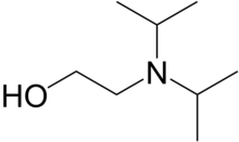 Показана скелетная формула N, N-диизопропиламиноэтанола с некоторыми неявными атомами водорода