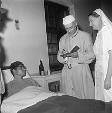 Nehru visiting an Indian soldier at the Brigade Headquarters Military Hospital in Srinagar, Kashmir, in May 1948 Nehru visiting Srinagar Brigade Headquarters Military Hospital in May 1948.jpg