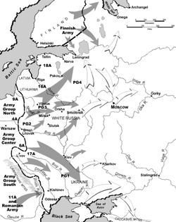 Map depicting actual (grey) and planned (white) Axis and Finnish advances during Operation "Barbarossa" and the (contemporaneous) Continuation War