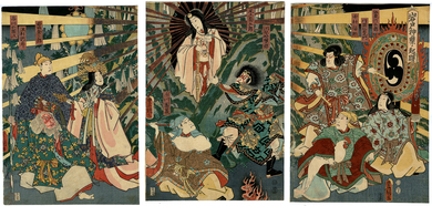 Amaterasu, goddess of the sun, emerges from the Heavenly Rock Cave, triptych by Utagawa Kunisada Origin of Iwato Kagura Dance Amaterasu by Toyokuni III (Kunisada) 1856.png