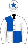 White and royal blue quartered, white sleeves, royal blue star on cap