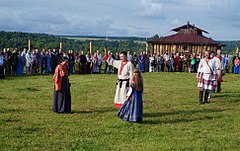 Rodnovers gathered at the Temple of Svarozhich's Fire of the Union of Slavic Native Belief Communities, in Krasotinka, Kaluga Oblast, Russia, to celebrate Perun Day. Perun Day 2017 in Krasotinka, Kaluga (1).jpg