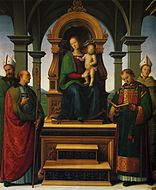 Pietro Perugino Marija in otrok s svetniki, 193 x 165 cm.
