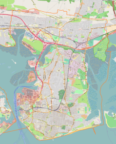 Mapa konturowa Portsmouth, na dole po lewej znajduje się punkt z opisem „Katedra św. Jana Ewangelisty w Portsmouth”