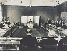 A meeting in the Japanese privy council in 1946 led by Hirohito. Privy Council (Japan).jpg