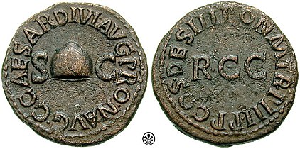 Quadrans celebrating the abolition of a tax in AD 38 by Caligula.[155] The obverse of the coin contains a picture of a Pileus which symbolizes the liberation of the people from the tax burden.