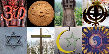 A collage of artistic representations of various religious symbols; clockwise from top left: Om for Hinduism, Dharmachakra for Buddhism, Jain Prateek Chihna for Jainism, Khanda for Sikhism, Taijitu for Daoism, star and crescent for Islam, cross for Christianity, and Star of David for Judaism. Religious symbols collage.png