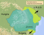 La evolución territorial de Rumanía de 1939 a 1945: a la izquierda, la «Gran Rumanía» de entreguerra; en el centro, el territorio durante la Segunda Guerra Mundial; y a la derecha, la situación una vez concluida la contienda.