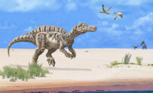 Artist's depiction of a coastline in the Romualdo Formation. In the foreground, Irritator approaches the water, surrounded by nearby patches of foliage. Above the coastline are two pterosaurs in flight, and in the distance at the far right, a small theropod dinosaur is being fended off by a pterosaur on all fours.