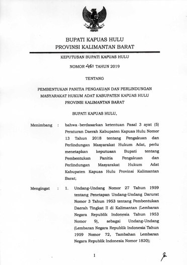 Surat Keputusan Bupati Kapuas Hulu Nomor 461 Tahun 2019 tentang Pembentukan Panitia Pengakuan dan Perlindungan Masyarakat Hukum Adat Kabupaten Kapuas Hulu Provinsi Kalimantan Barat