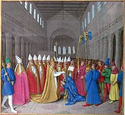 The Coronation of Charlemagne from the Grandes Chroniques de France, illustrated by Jean Fouquet.
