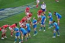 Alignement de deux rangées de joueurs face à face, un arbitre en blanc étant présent en fin d'alignement.