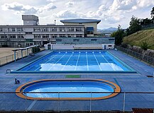プール 7レーンx25メートルx15メートルのプール。手前は児童用プール。夏休みには一般開放される。また、学校北側に隣接する幼保育園の児童にも開放している。