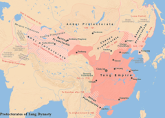 The Tang dynasty at its greatest extent and Tang's protectorates Tang Protectorates.png