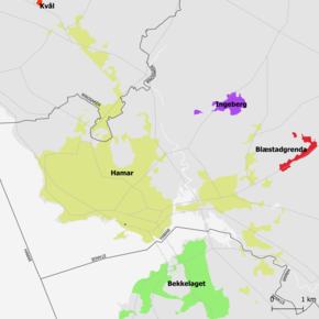 Karte der Stadt Hamar und Umgebung mit Bekkelaget im Süden