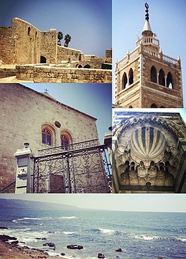 Clockwise from top left: Citadel of Raymond de Saint-Gilles, Mansouri Great Mosque minaret, Mamluk architecture, bay view, and a Syriac Catholic church