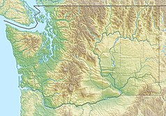 Mapa konturowa Waszyngtonu, na dole nieco na lewo znajduje się czarny trójkącik z opisem „Mount St. Helens”
