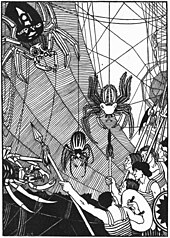 1894 illustration by Aubrey Beardsley for Lucian's A True Story William Strang spider battle in 1894 True History.jpg