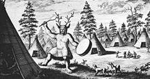 The earliest known depiction of a Siberian shaman, by the Dutch explorer Nicolaes Witsen, 17th century. Witsen called him a "priest of the Devil" and drew clawed feet for the supposed demonic qualities. Witsen's Shaman.JPG