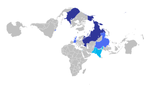 Large stockpile with global range (dark blue), smaller stockpile with global range (medium blue), small stockpile with regional range (light blue). World nuclear weapons.svg