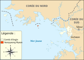 Position de l'archipel de Yeonpyeong (en orange au centre) au nord-ouest de la Corée du Sud.