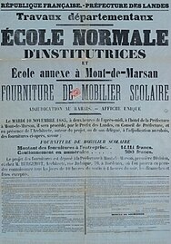 Affiche d'adjudication de fourniture de mobilier pour l'école normale de Mont-de-Marsan (1885)