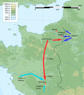 A map of France showing John's bold sweep towards Mirebeau with a red arrow.