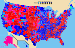 Мапа резултата по окрузима (Клинтон-плаво, Буш-црвено, Парот-зелено)