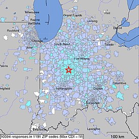 Эпицентр землетрясения в Индиане 30 декабря 2010 года (Снимок USGS)