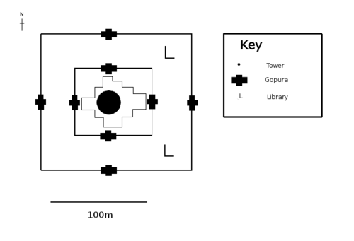 The Bayon in plan, showing the main structure. The dimensions of the upper terrace are only approximate, due to its irregular shape.